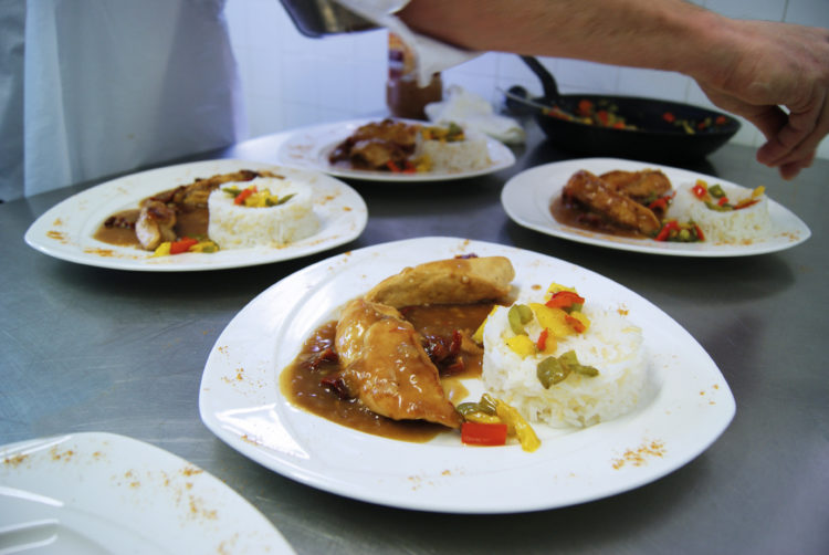 préparation d'assiettes de poulet et de riz